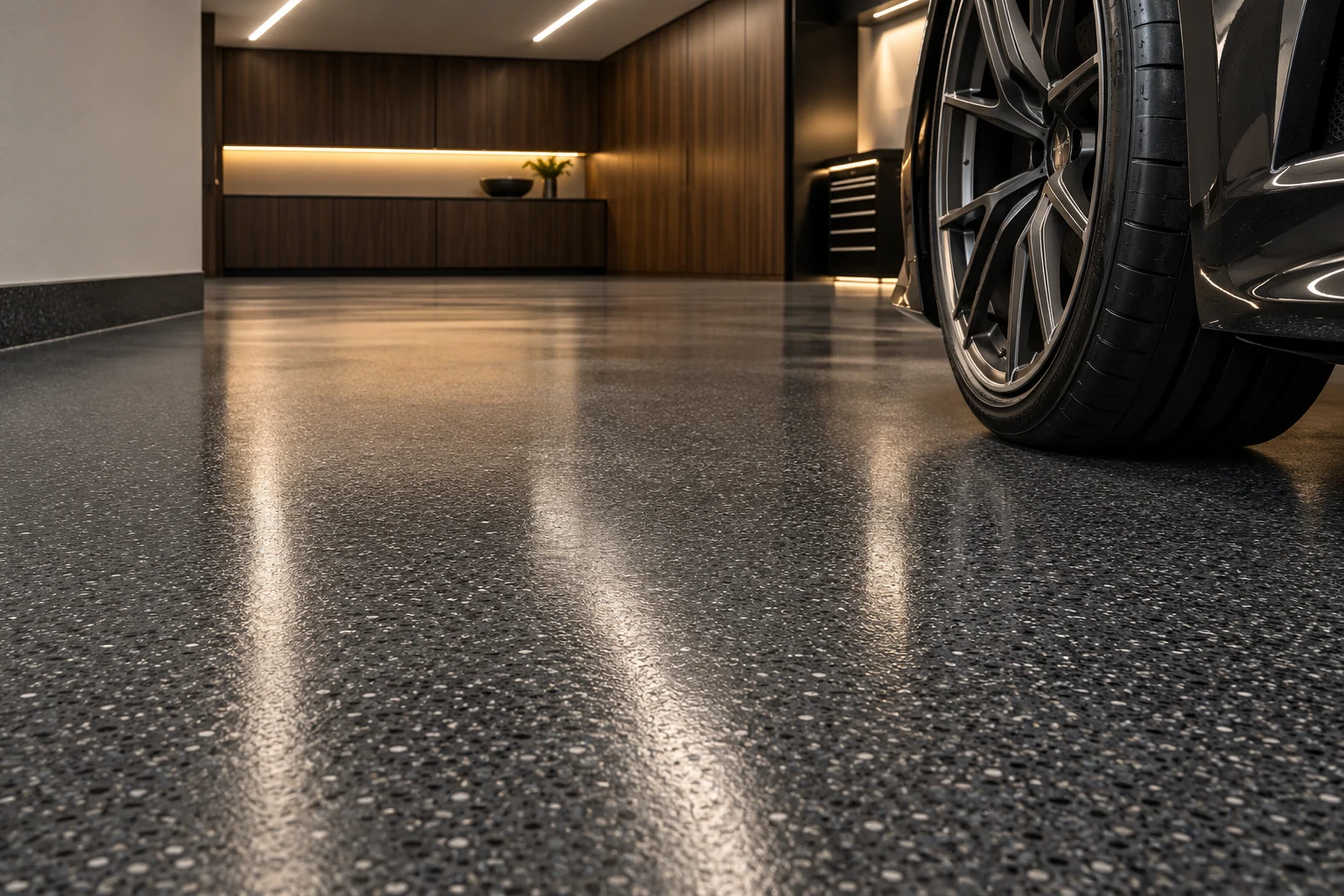 Detalhe de pavimento com flake fino, roda e reflexos da iluminação — Interiores