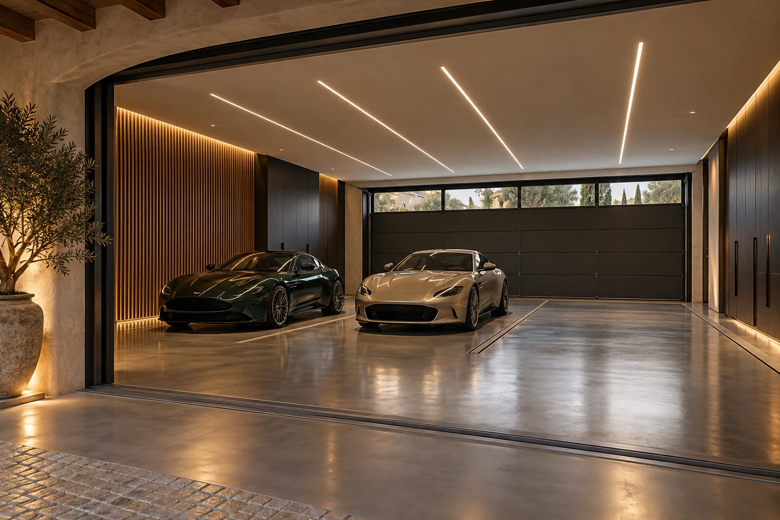 Private automotive gallery with linear lighting, timber and graphite floor — Architecture and materials