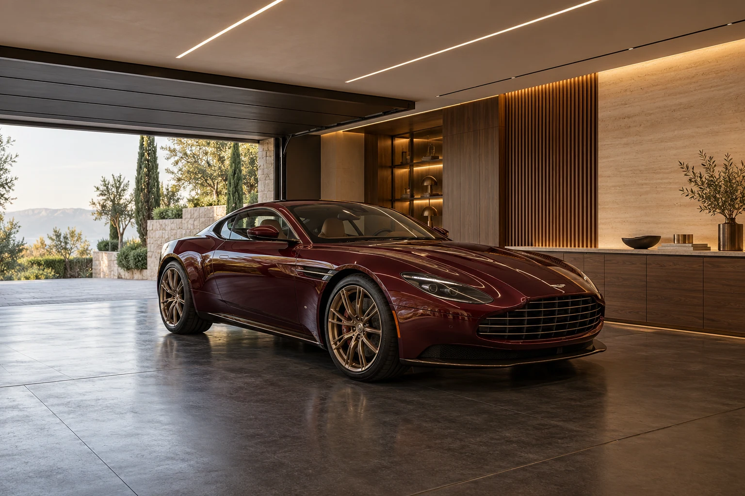 Galeria de inspiração italiana com automóvel bordeaux e carpintaria de nogueira — Interiores