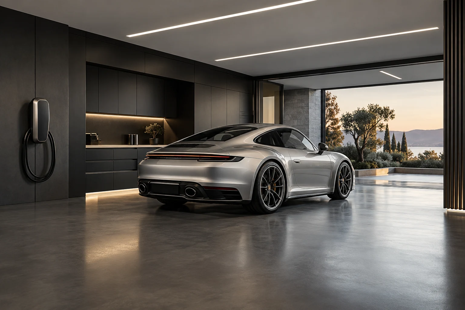 Garagem contemporânea grafite com automóvel prateado e carregador de parede — Interiores