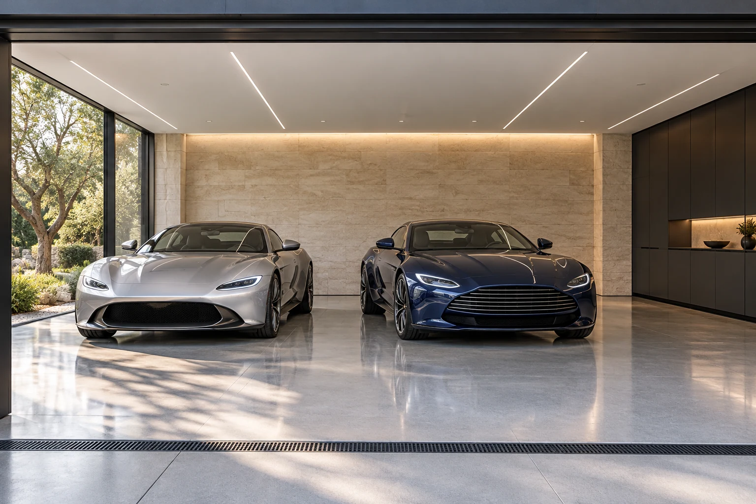 Garagem de arquitetura clara com dois automóveis, pedra e luz linear — Interiores