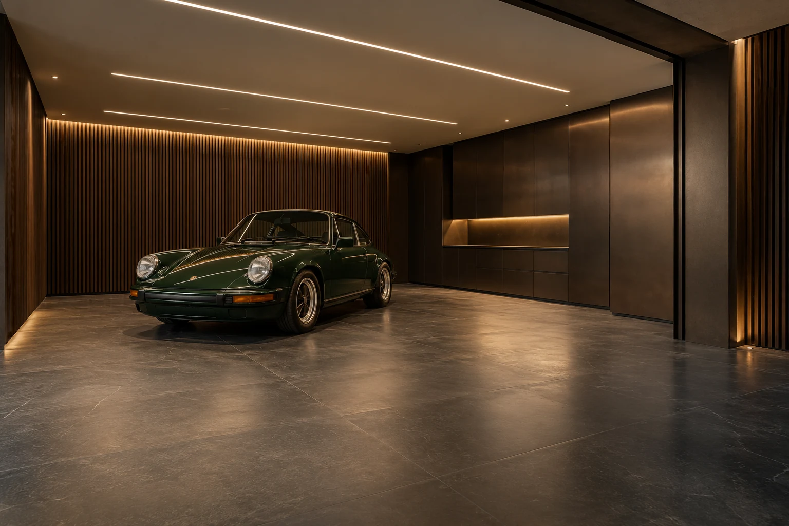 Garagem de coleção com automóvel verde, madeira escura e luz quente — Interiores