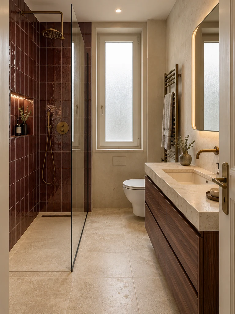 Burgundy shower and timber bathroom vanity — Interiors