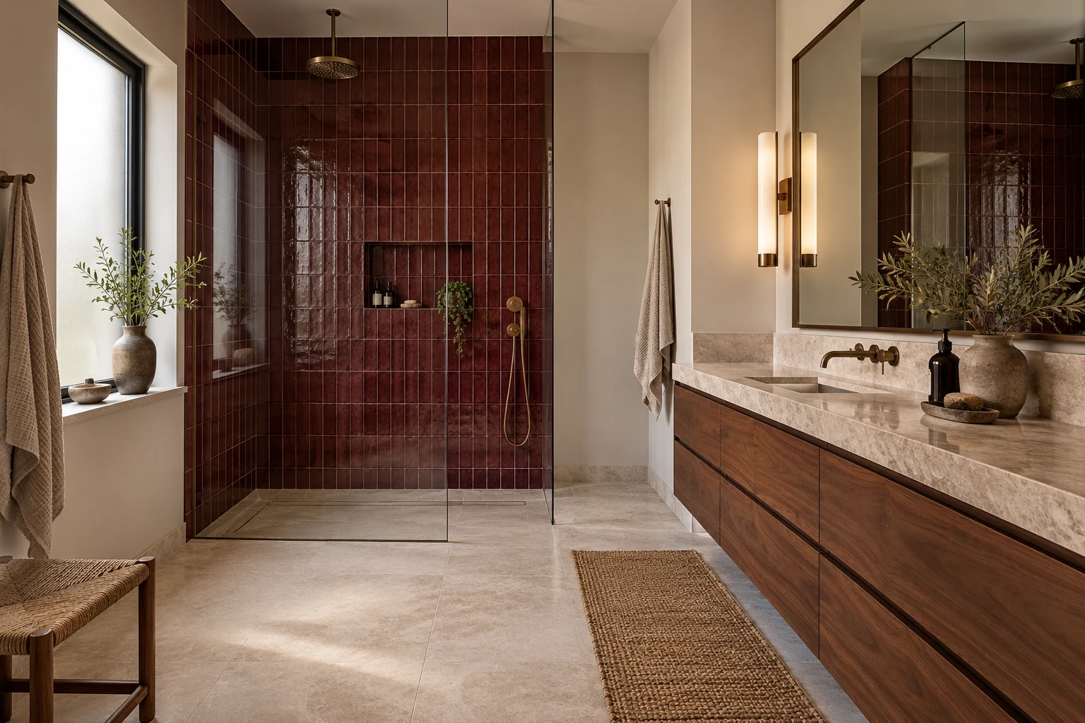 Bathroom with burgundy shower, walnut vanity and stone countertop — Interiors
