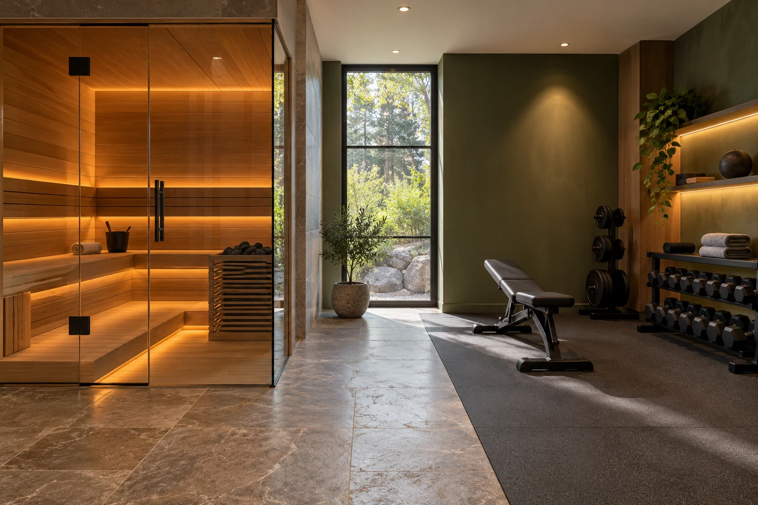Espaço de bem-estar com sauna em madeira e ginásio privado — Interiores