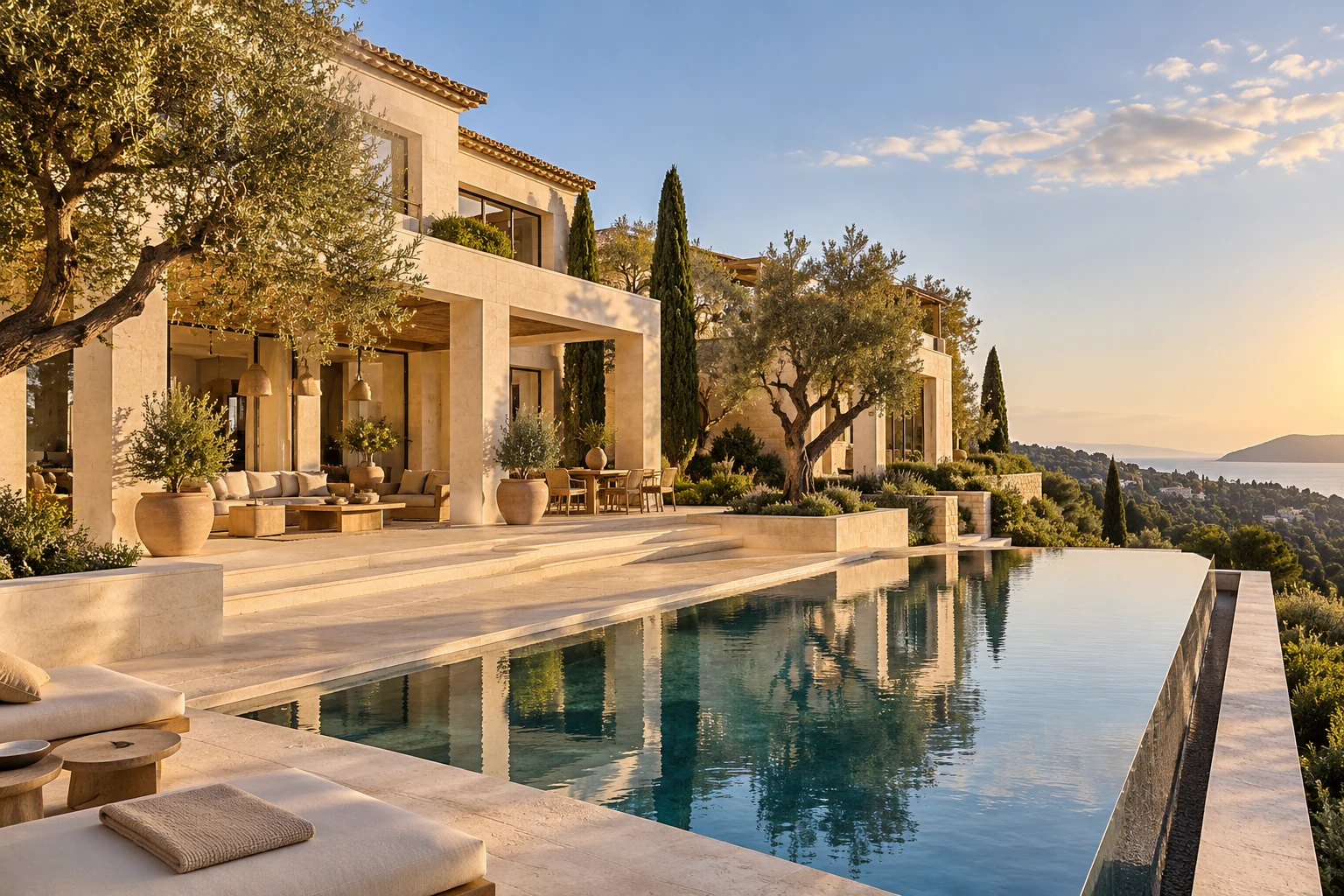Mediterranean villa with a limestone loggia, pool and private garden — Architecture and materials