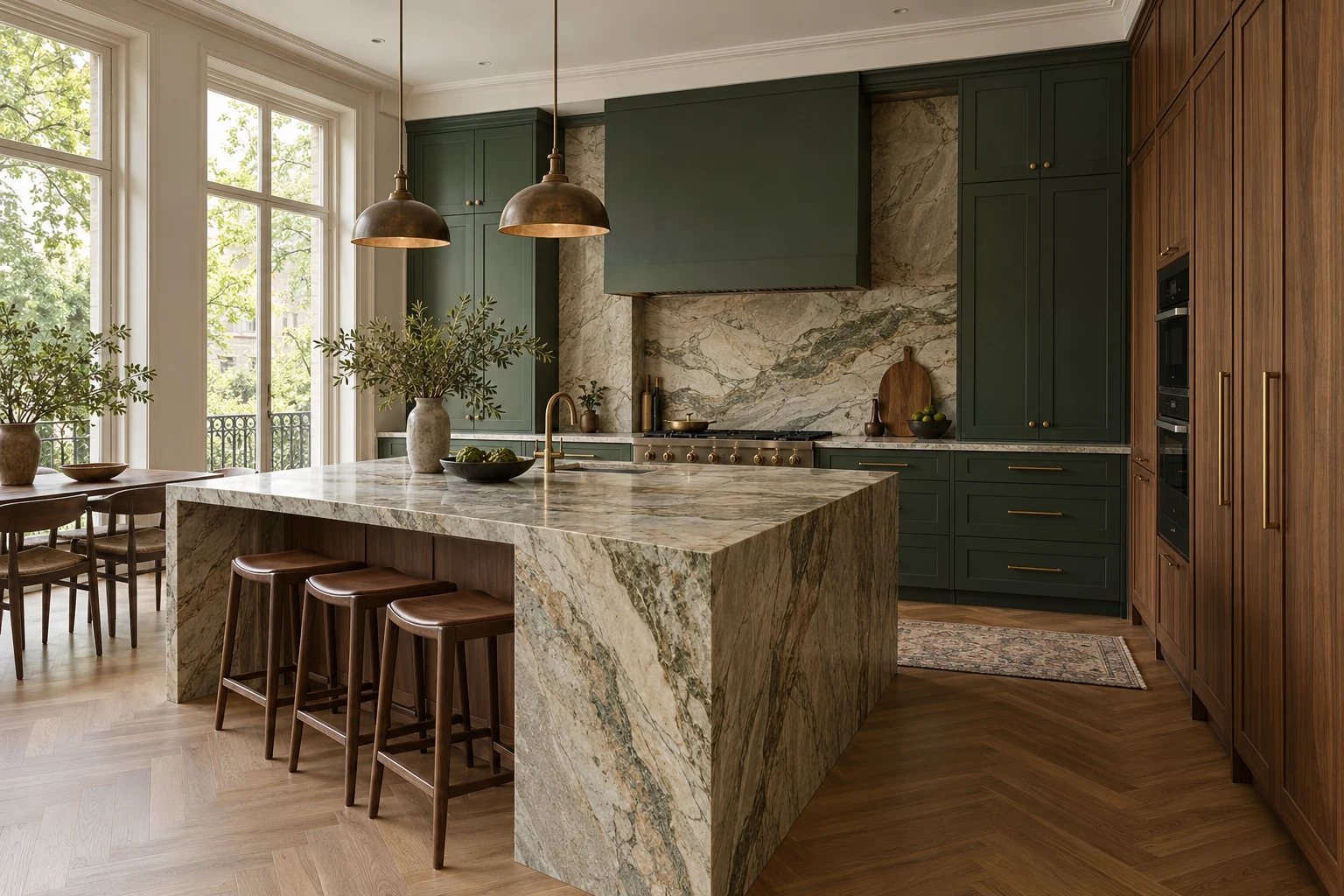 Kitchen with green cabinets, stone island and walnut joinery — Interiors