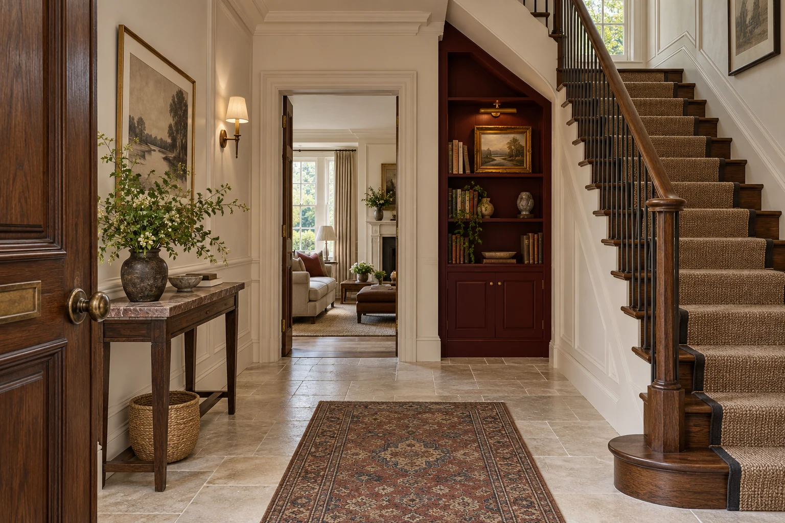 House entrance and staircase with stone flooring and dark timber joinery — Interiors