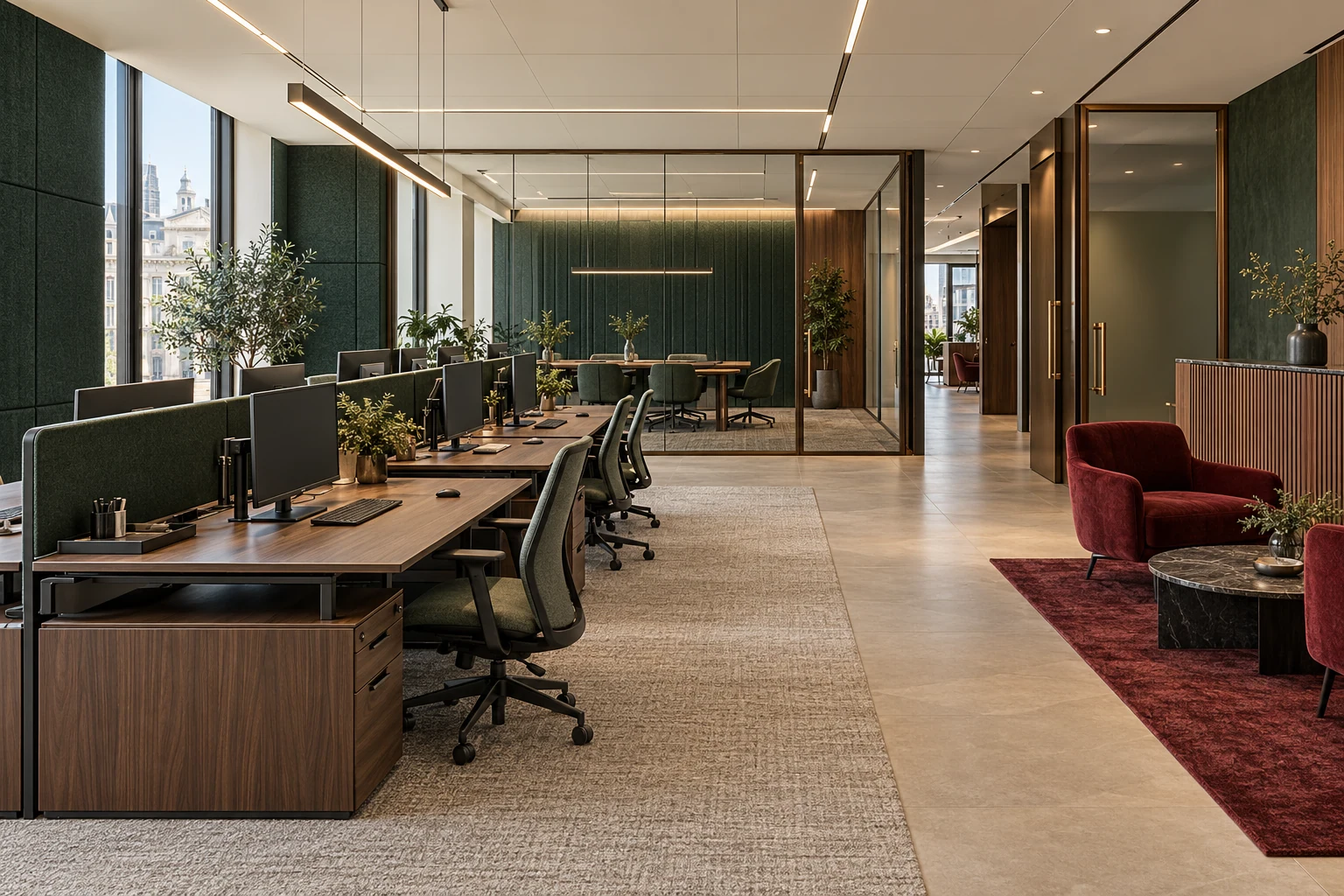 Office workstations, green acoustic panels and a glazed meeting room — Interiors