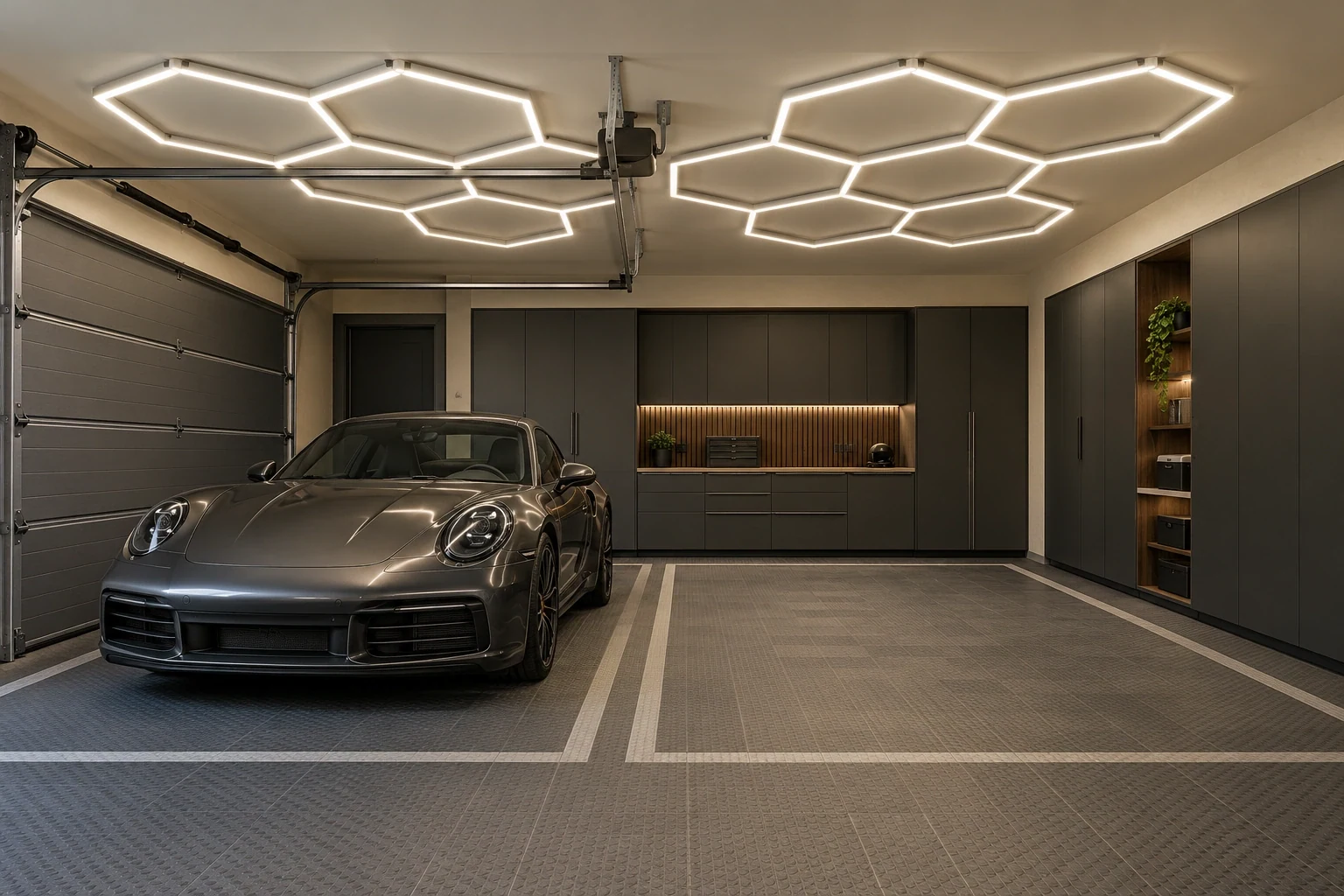 Garaje grafito con composición LED hexagonal blanca y coche deportivo plateado — Interiores