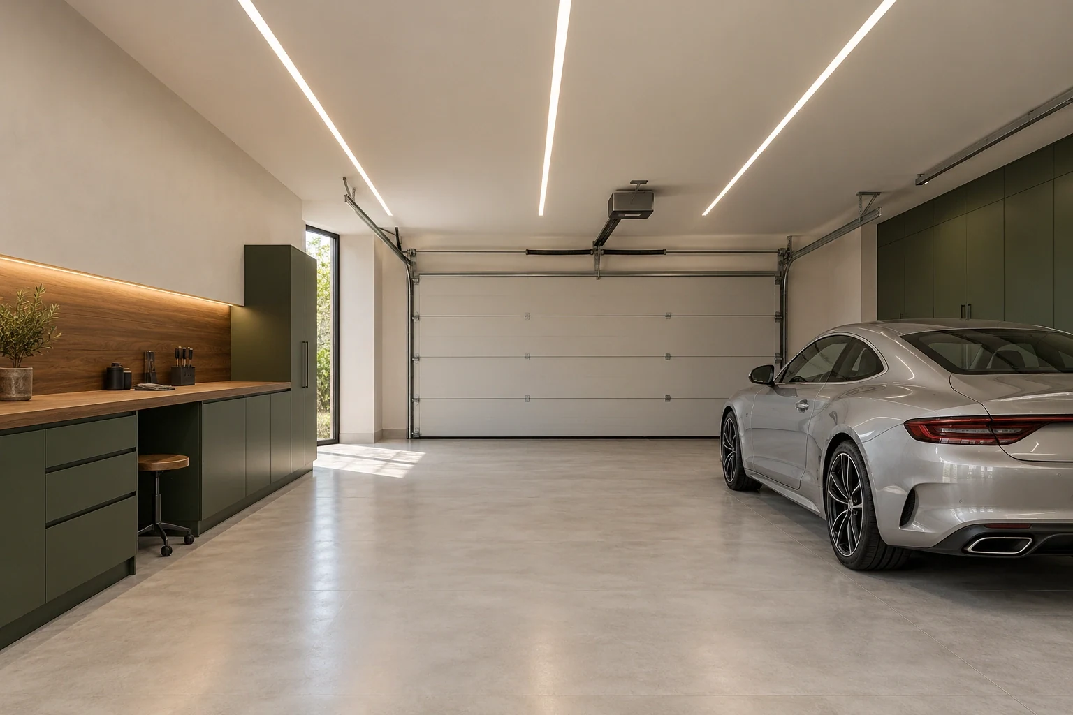 Bright garage with straight ceiling LED strips, indirect lighting and a silver car — Architecture and materials