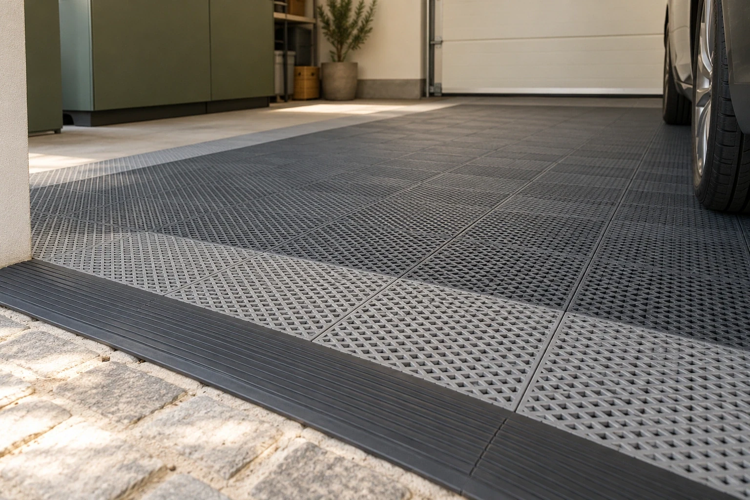 Detalle de losetas modulares de polipropileno con rejilla, juntas y rampa de remate en la entrada del garaje — Interiores