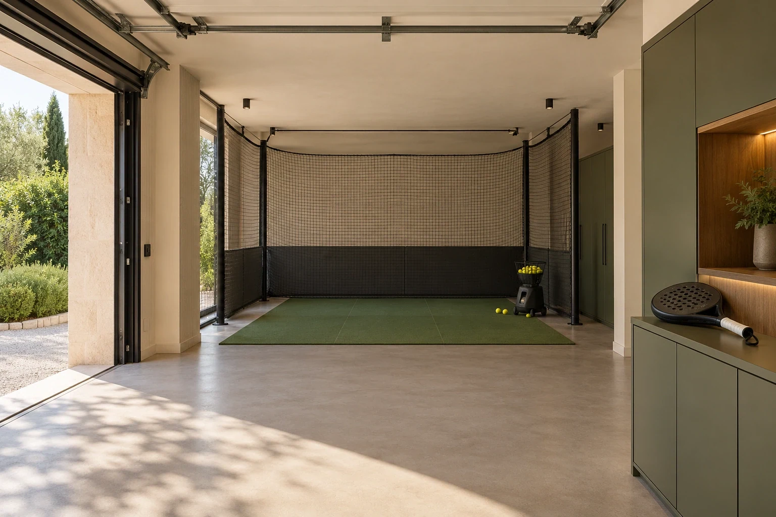 Zona doméstica de entrenamiento de pádel en garaje con red protectora y máquina compacta de bolas — Interiores