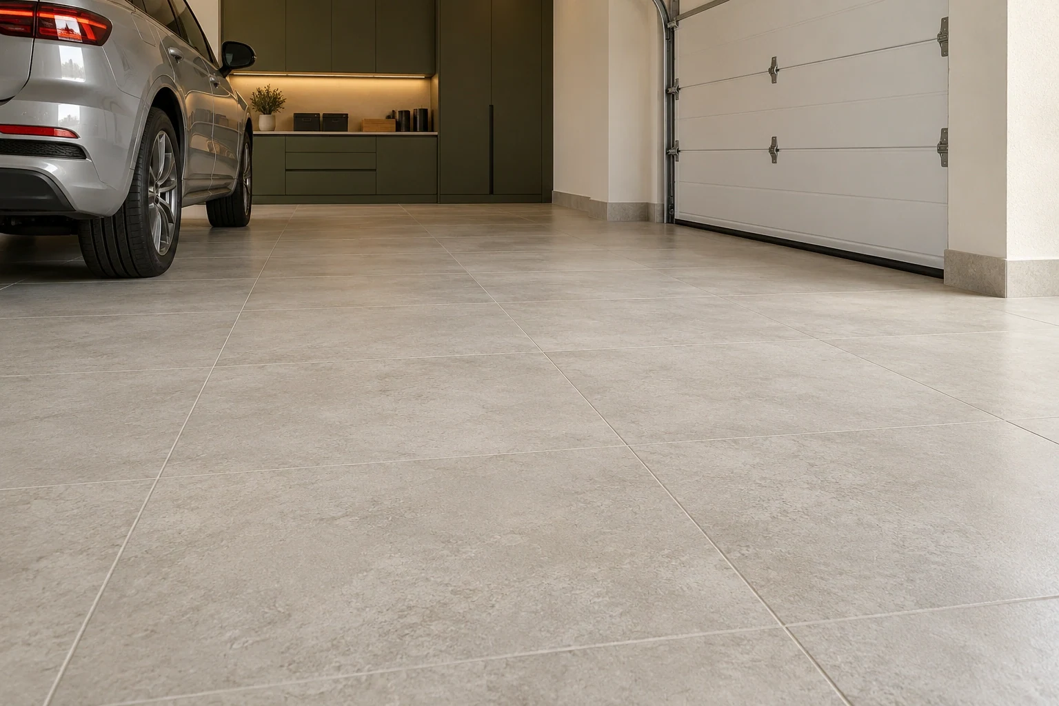 Suelo porcelánico mineral mate en un garaje, con juntas y rodapié visibles — Arquitectura y materiales