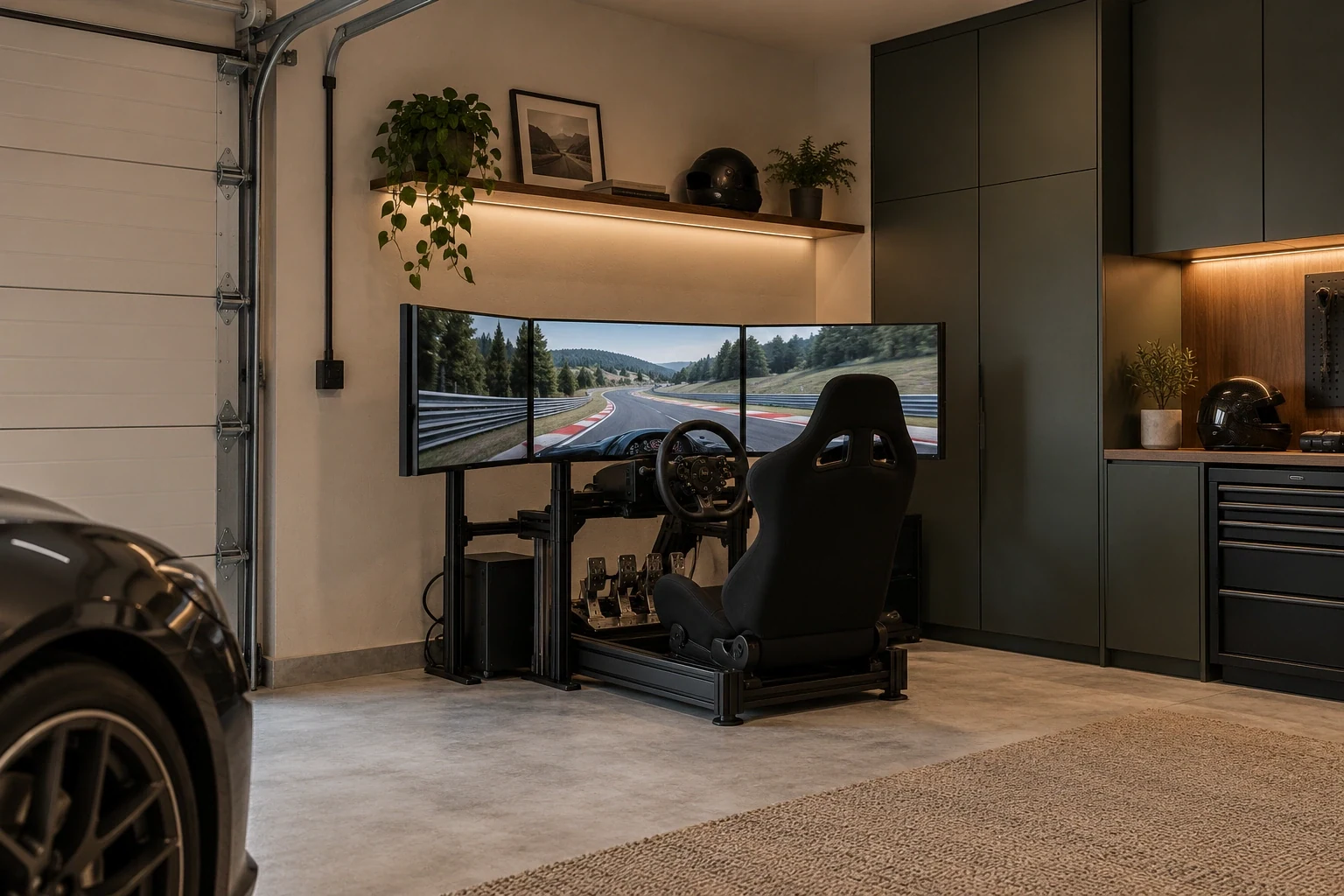 Cockpit de sim racing con tres monitores integrado en un rincón del garaje con almacenaje — Interiores