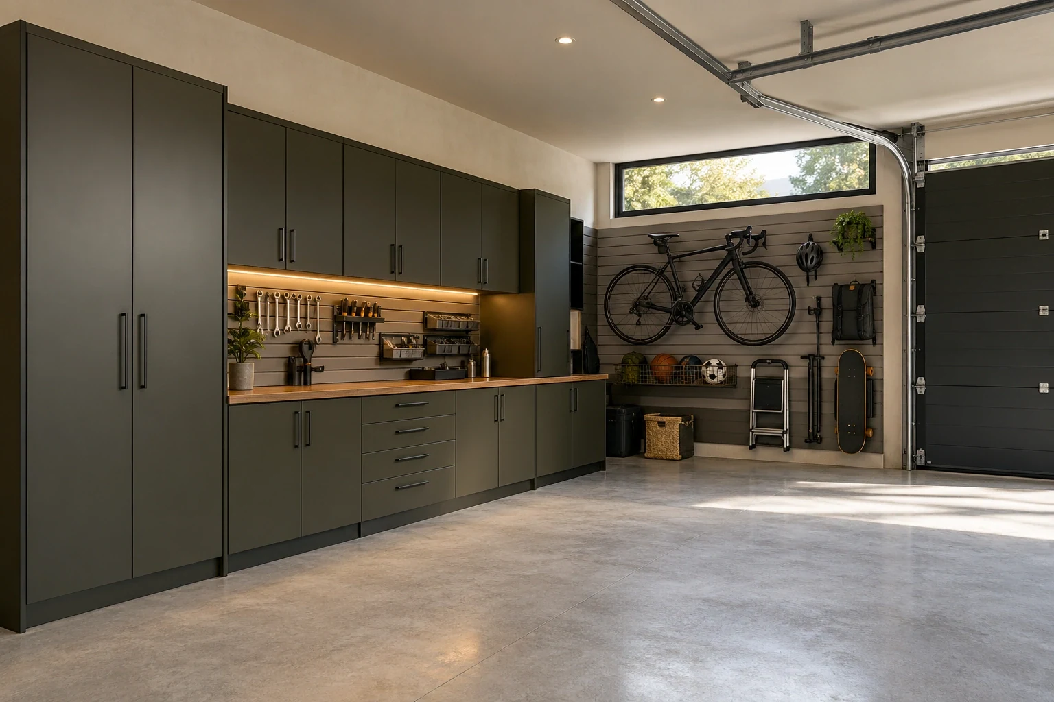Armarios de garaje verde oliva, banco de madera y panel con bicicleta y herramientas — Interiores
