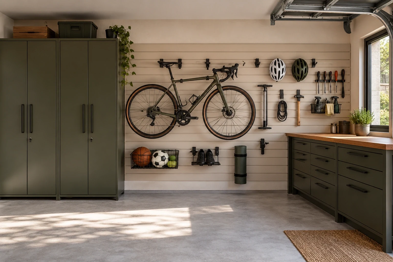 Garage slatwall with a bicycle, tools and sports equipment beside cabinets and a workbench — Architecture and materials