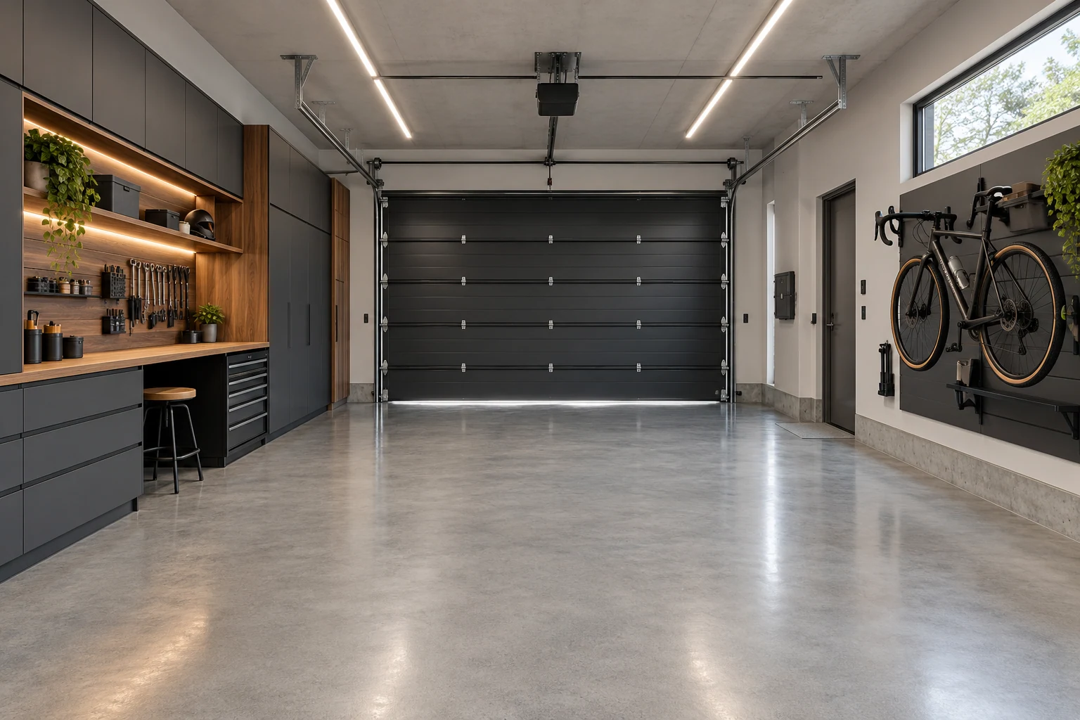 Garaje con puerta seccional, suelo resistente, armarios y soporte para bicicleta — Interiores