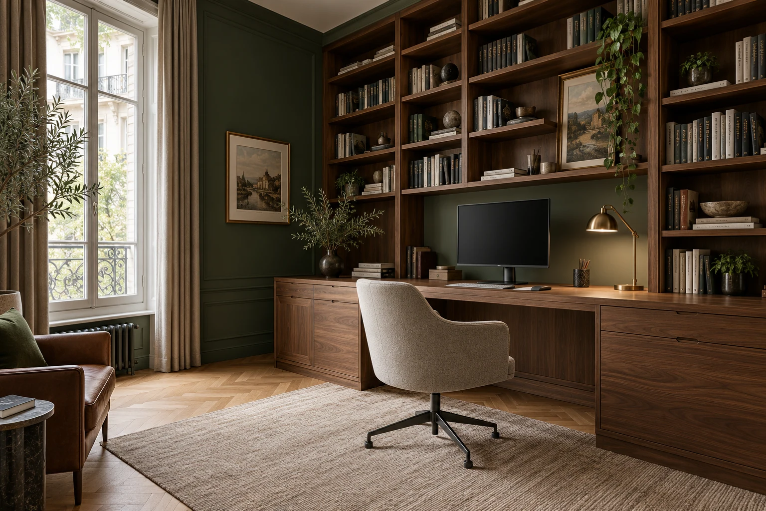 Home office with walnut desk and bookshelves, green wall and natural light — Interiors