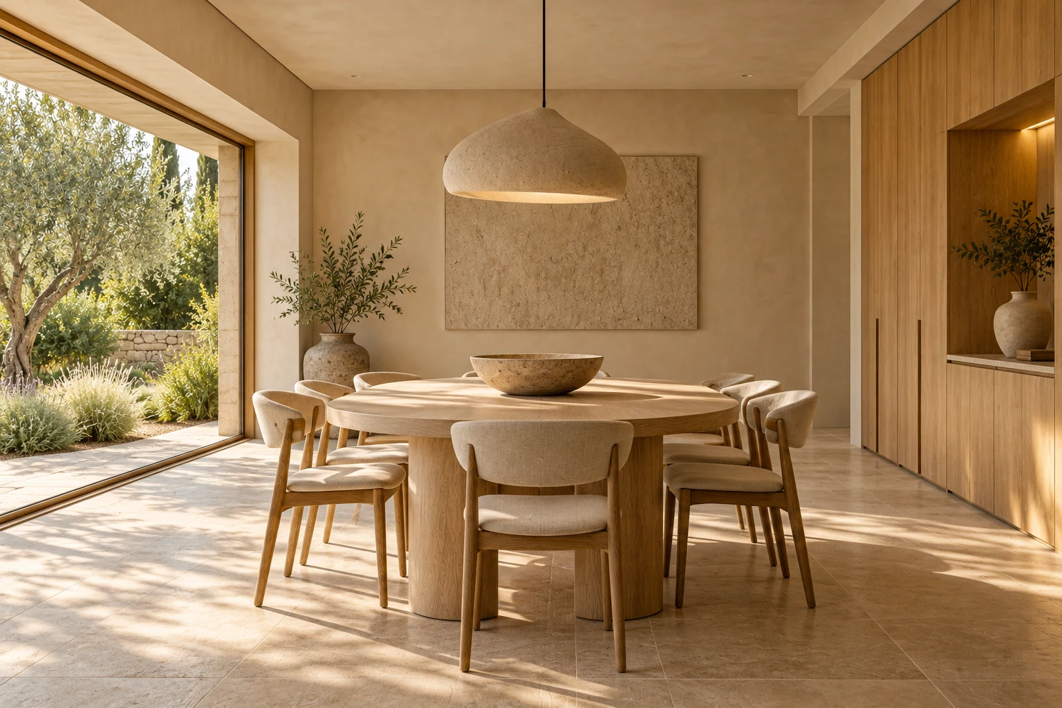 Warm minimalist dining room with pale oak, stone and ceramics — Architecture and materials