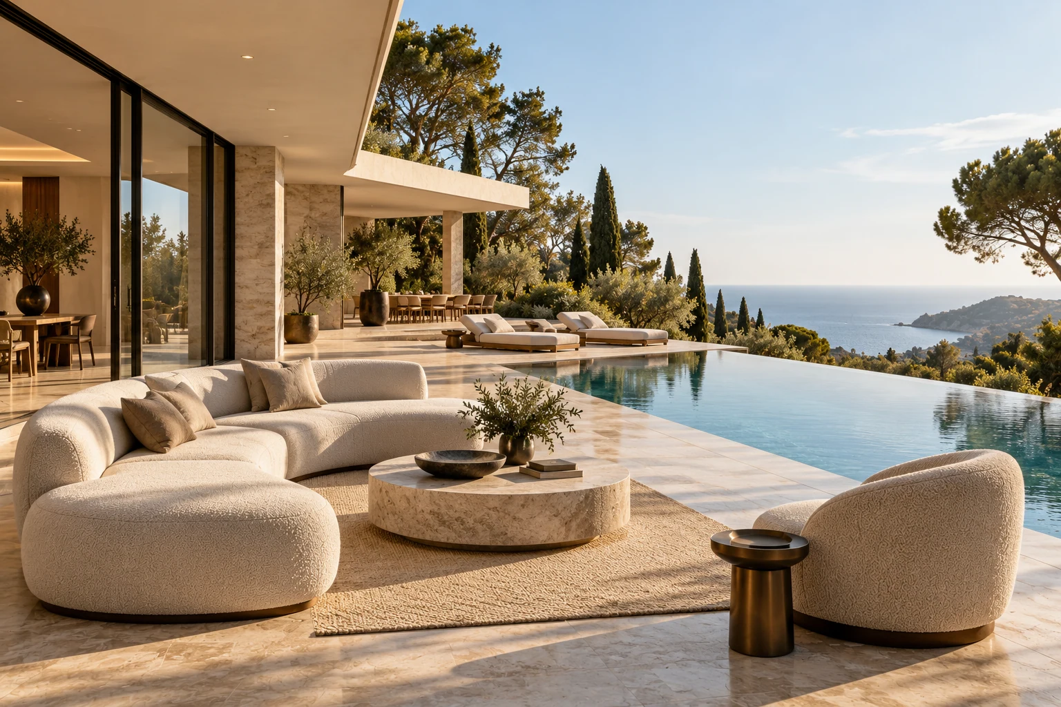 Contemporary terrace with sculptural seating, a pool and sea views — Architecture and materials