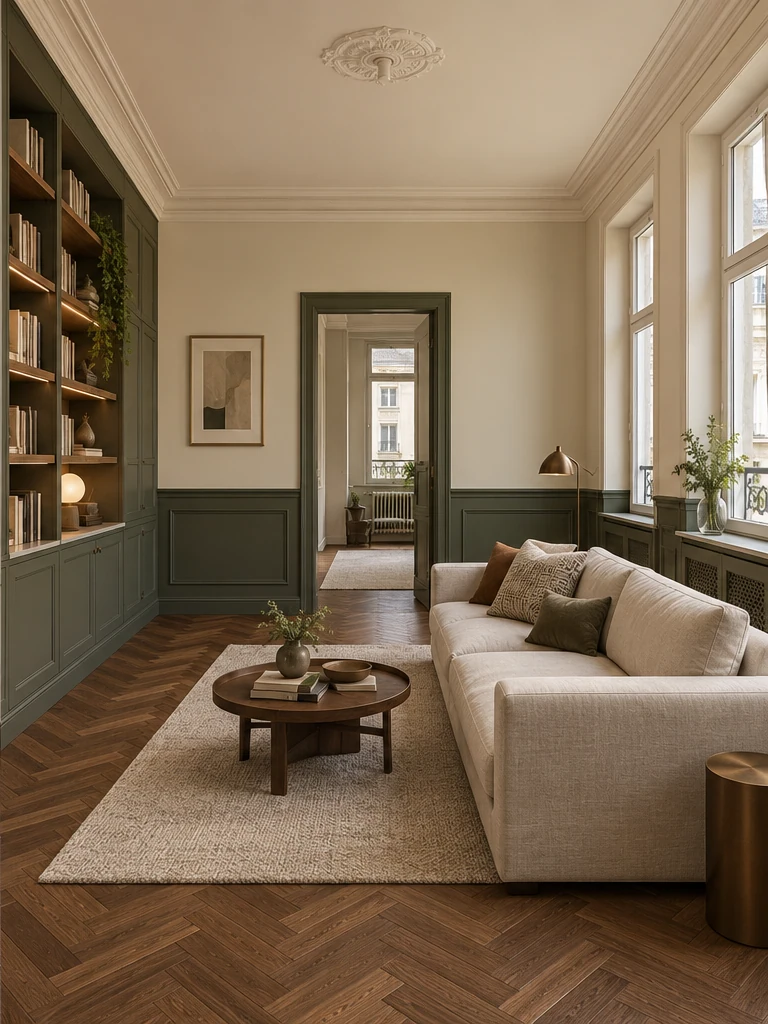 After: Herringbone timber, deep green shelving and panels, radiator joinery and supporting lighting.