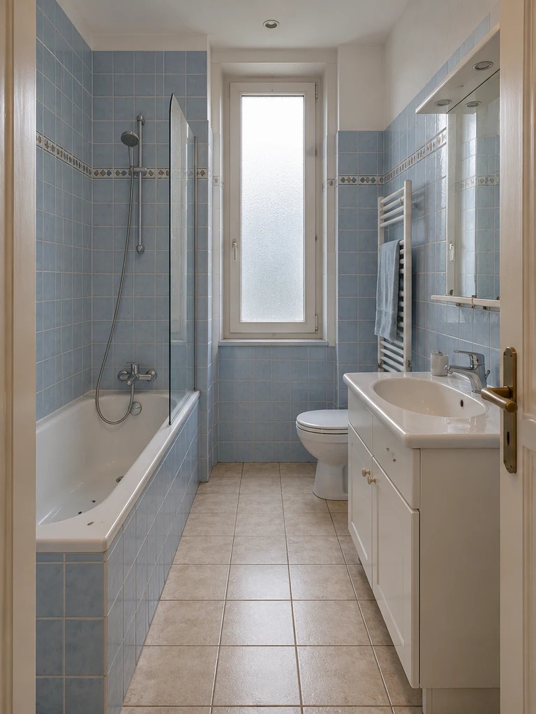 Before: A bathtub, blue tiles and white vanity with general lighting.