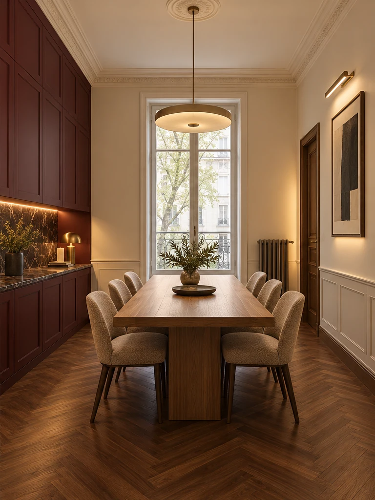 After: Timber flooring, burgundy cabinetry, a mineral worktop and integrated lighting. The openings stay in place.