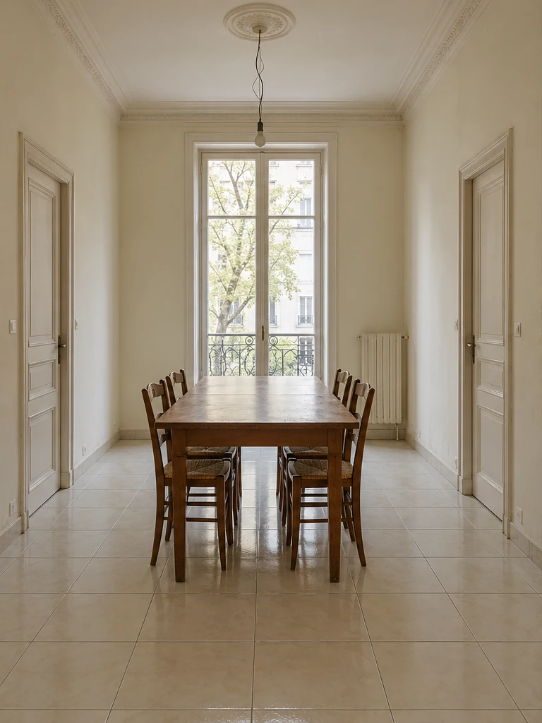 Before: Pale ceramic tiles, simple doors and pendant lighting, with no supporting cabinet.