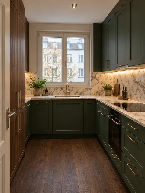 Green fronts, a timber tall unit, stone worktop and splashback and undercabinet lighting. Flooring and appliances were included in the completed scope.
