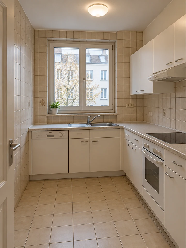 Before: Laminate cabinets, ceramic wall and floor tiles and general lighting.