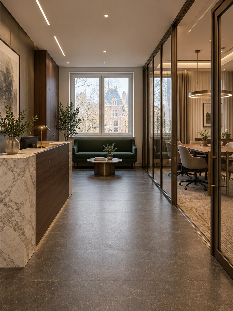 After: A stone and timber desk, deep green waiting area, defined partition frames and coordinated lighting.