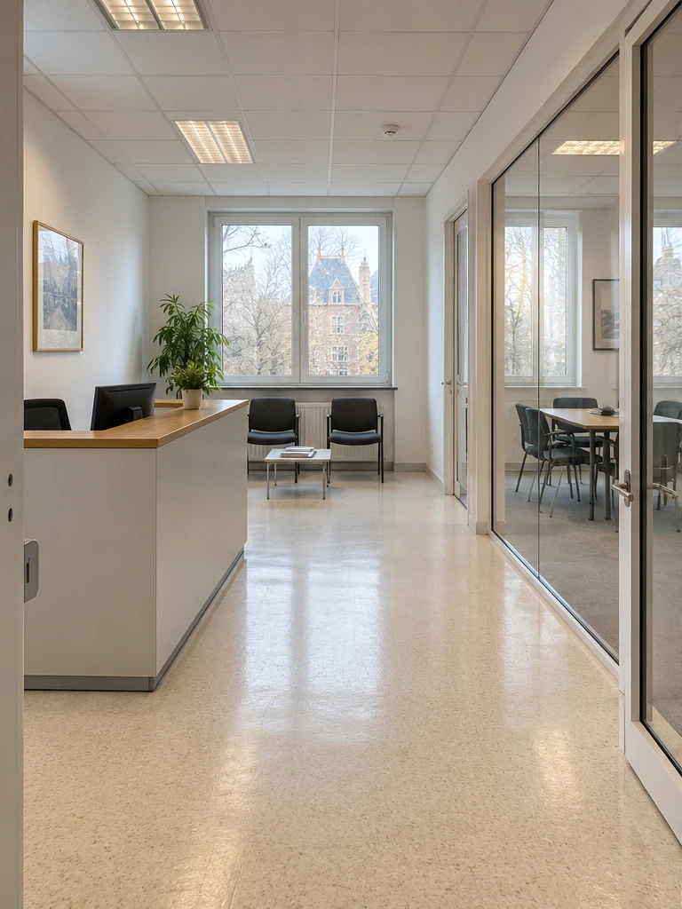 Before: A simple desk, pale flooring and a glazed meeting room partition.