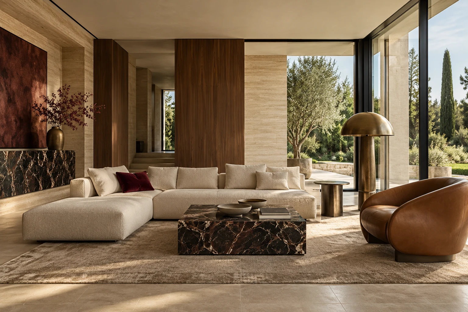 Italian modern living room with travertine, walnut, marble and leather armchair — Architecture and materials