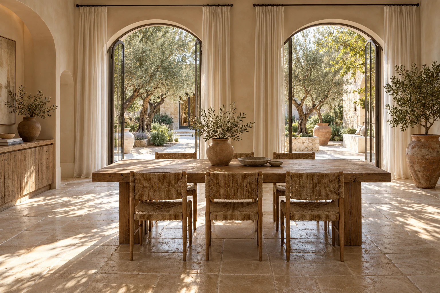 Mediterranean dining room with pale plaster, arched garden openings and timber table — Interiors